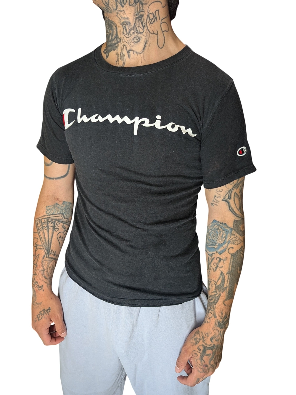 Champion Men's Black Script Logo Short Sleeve T-Shirt Size XS - Picture 1 of 5